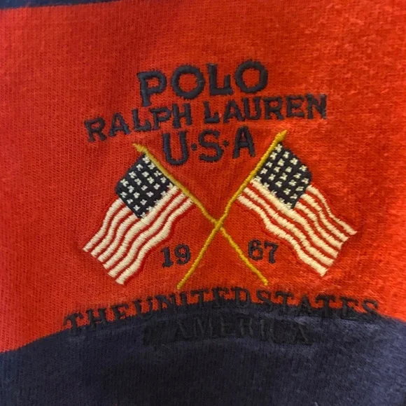 Polo by Ralph Lauren Boys Red and Navy Polo Shirt with Chambray Collar - Picture 3 of 6
